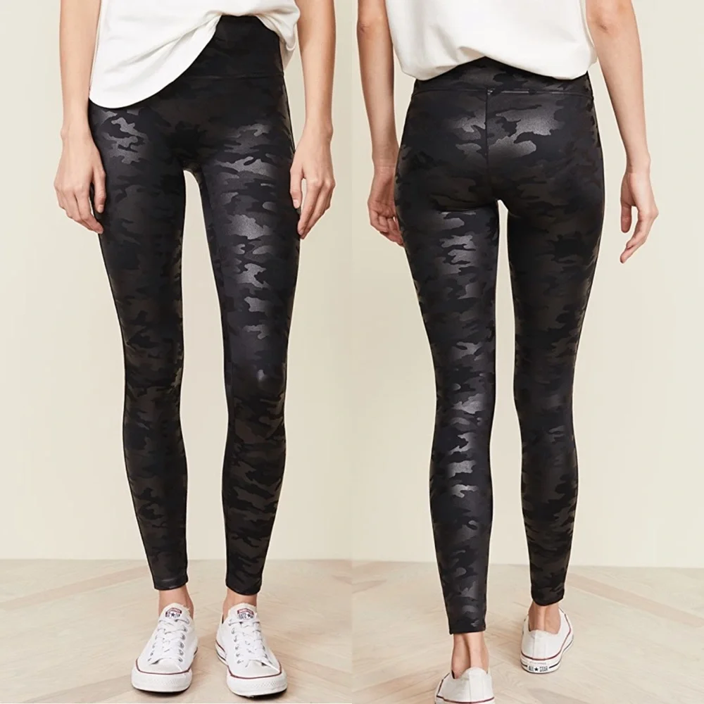 SPANX black faux leather camo leggings XS
